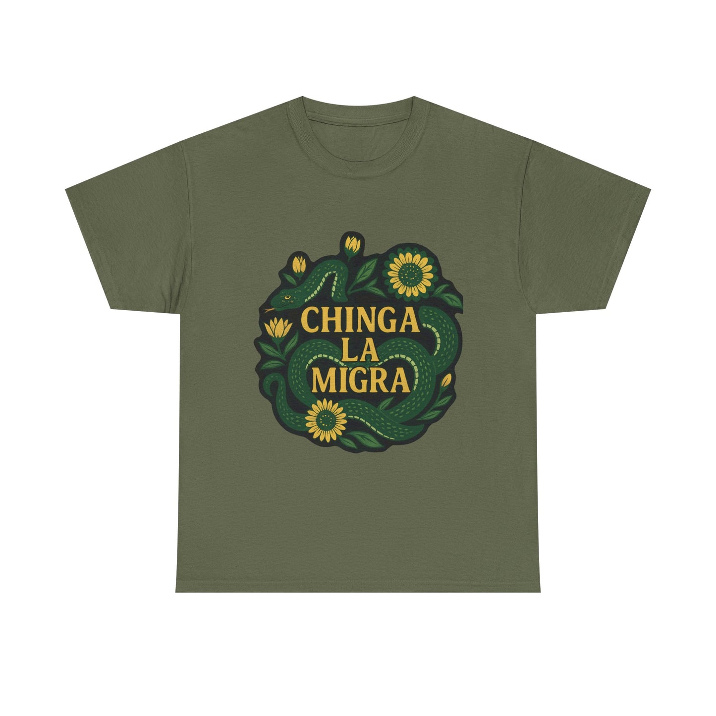 T‑Shirt — "Chinga la Migra" Green Snake Floral Protest Tee
