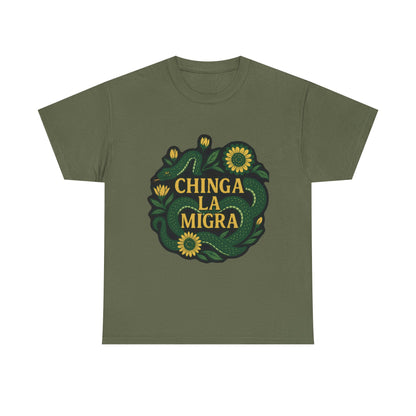 T‑Shirt — "Chinga la Migra" Green Snake Floral Protest Tee