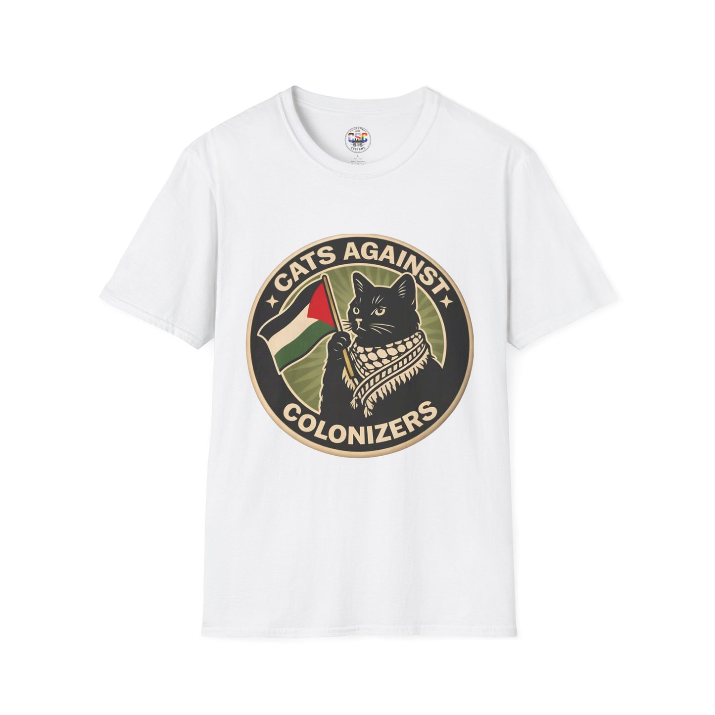 Cats Against Colonizers T‑Shirt — Black Cat with Keffiyeh & Palestine Flag