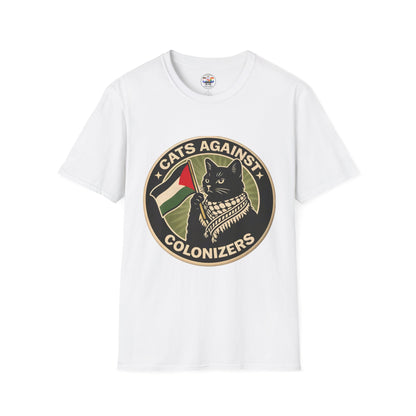 Cats Against Colonizers T‑Shirt — Black Cat with Keffiyeh & Palestine Flag