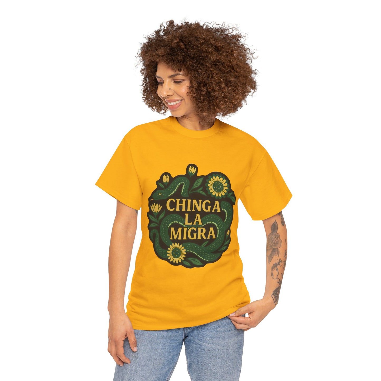 T‑Shirt — "Chinga la Migra" Green Snake Floral Protest Tee