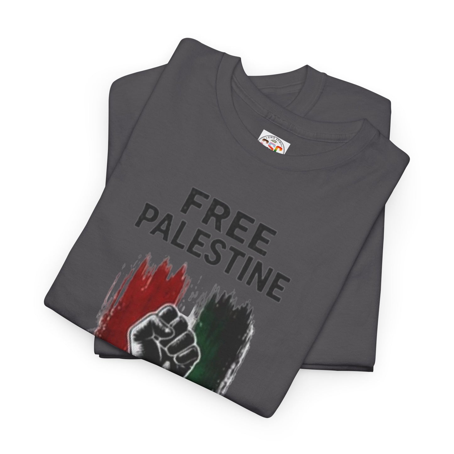 Free Palestine T-Shirt — Raised Fist Graphic with Arabic Text