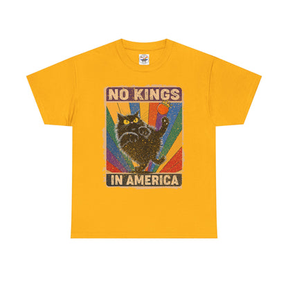 No Kings In America Cat Tee – Retro Rainbow Political Humor T-Shirt