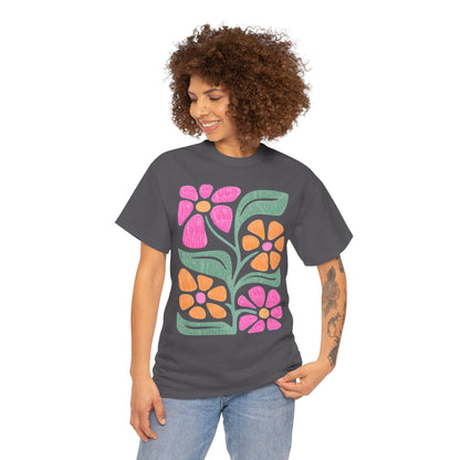Retro Floral T-Shirt - Pink & Orange Vintage Flower Graphic Tee