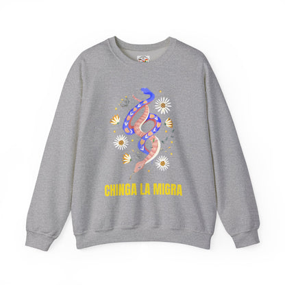 Crewneck Sweatshirt — 'Chinga La Migra' Floral Snake Protest Graphic