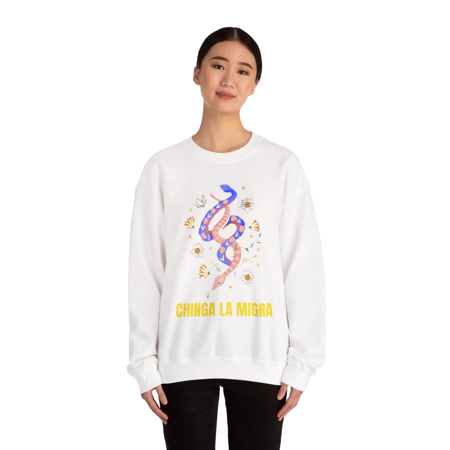Crewneck Sweatshirt — 'Chinga La Migra' Floral Snake Protest Graphic