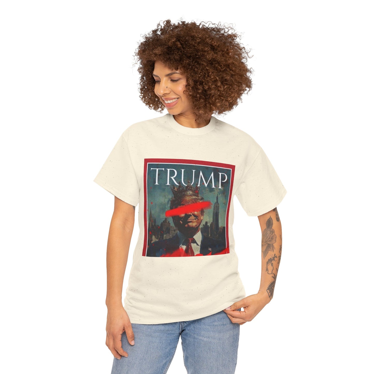 Graphic Tee — Distressed Political Portrait with Red Strike-Through