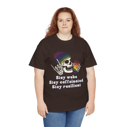 Skull Coffee Tee — "Stay woke, Stay caffeinated, Stay resilient" Graphic T-Shirt
