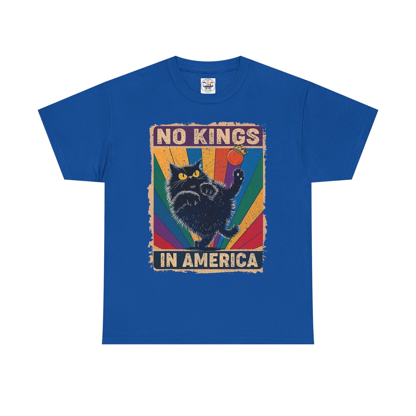 No Kings In America Cat Tee – Retro Rainbow Political Humor T-Shirt