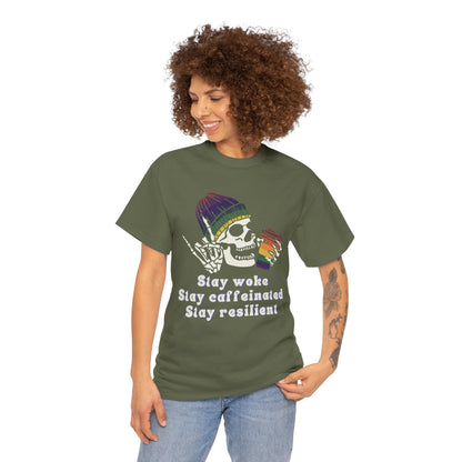 Skull Coffee Tee — "Stay woke, Stay caffeinated, Stay resilient" Graphic T-Shirt