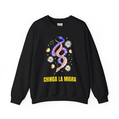 Crewneck Sweatshirt — 'Chinga La Migra' Floral Snake Protest Graphic