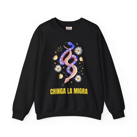 Crewneck Sweatshirt — 'Chinga La Migra' Floral Snake Protest Graphic