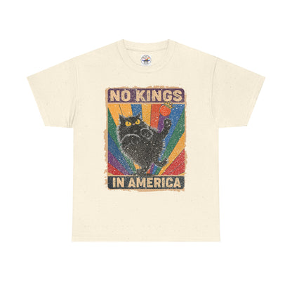 No Kings In America Cat Tee – Retro Rainbow Political Humor T-Shirt