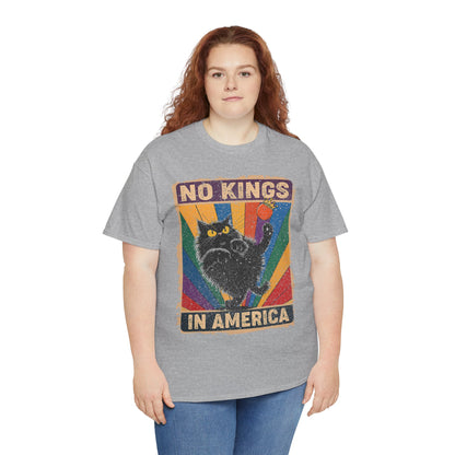 No Kings In America Cat Tee – Retro Rainbow Political Humor T-Shirt