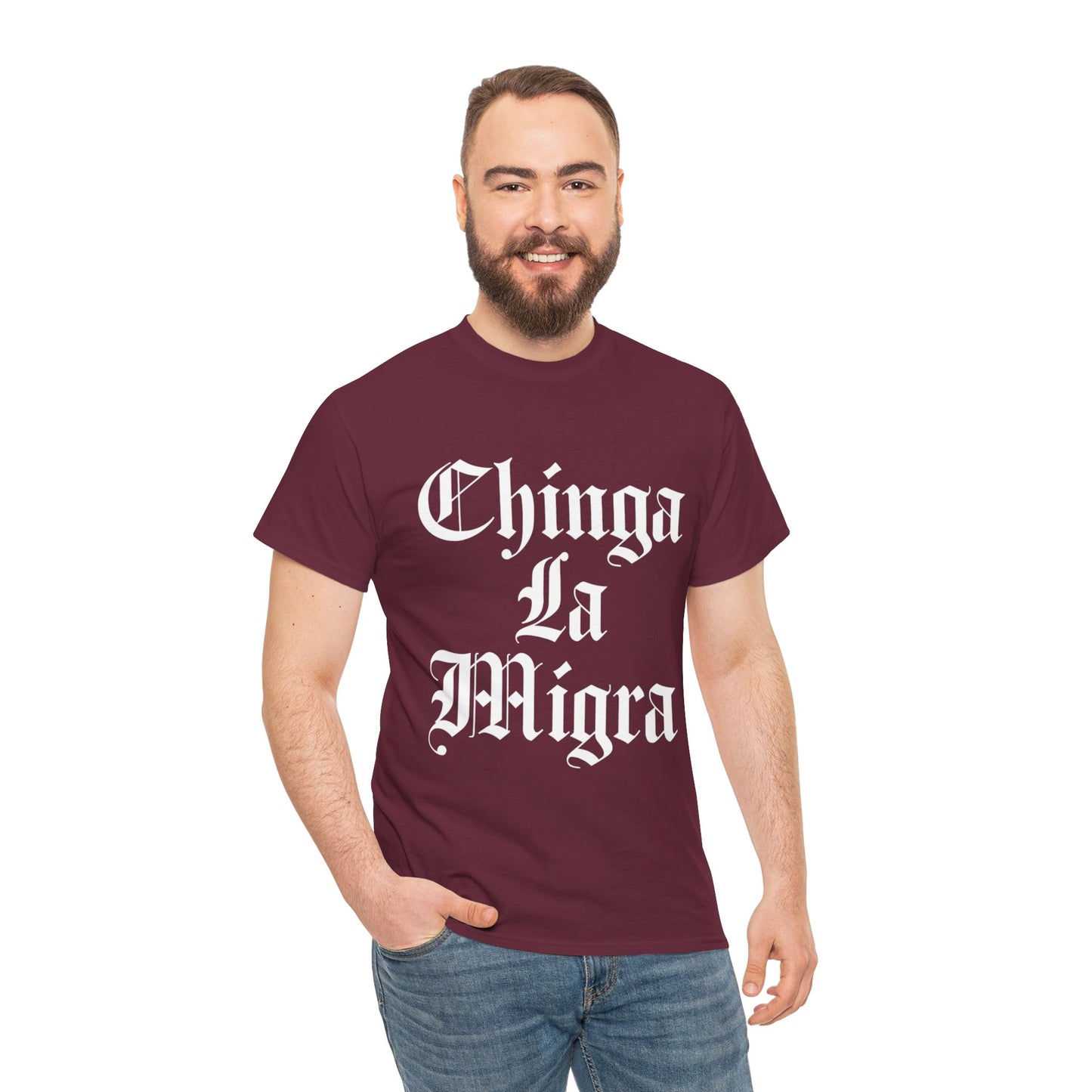 Graphic Tee — "Chinga La Migra" Bold Gothic Statement Shirt