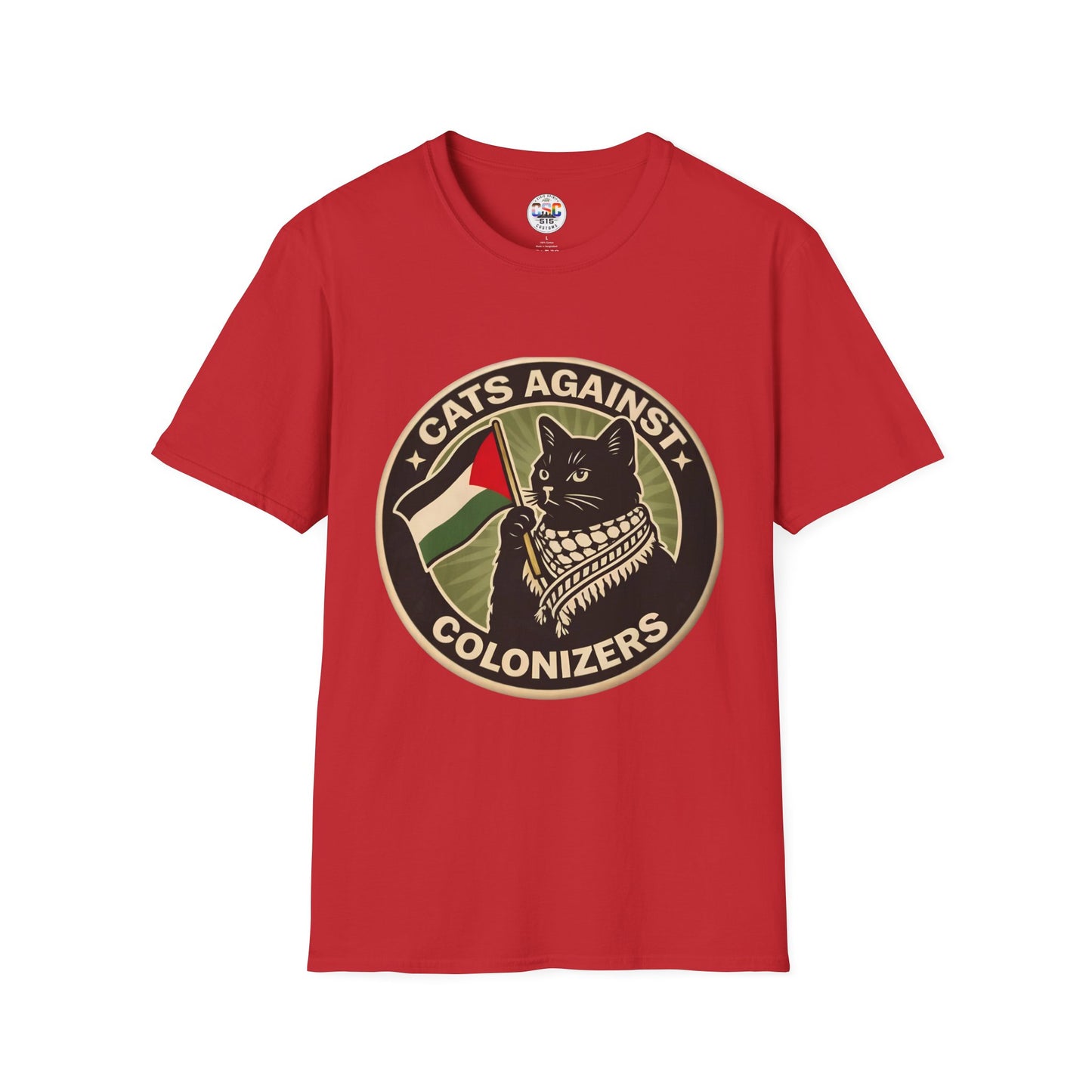 Cats Against Colonizers T‑Shirt — Black Cat with Keffiyeh & Palestine Flag