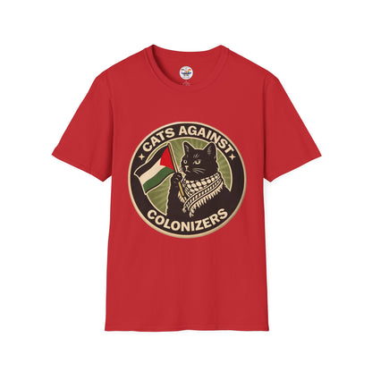 Cats Against Colonizers T‑Shirt — Black Cat with Keffiyeh & Palestine Flag