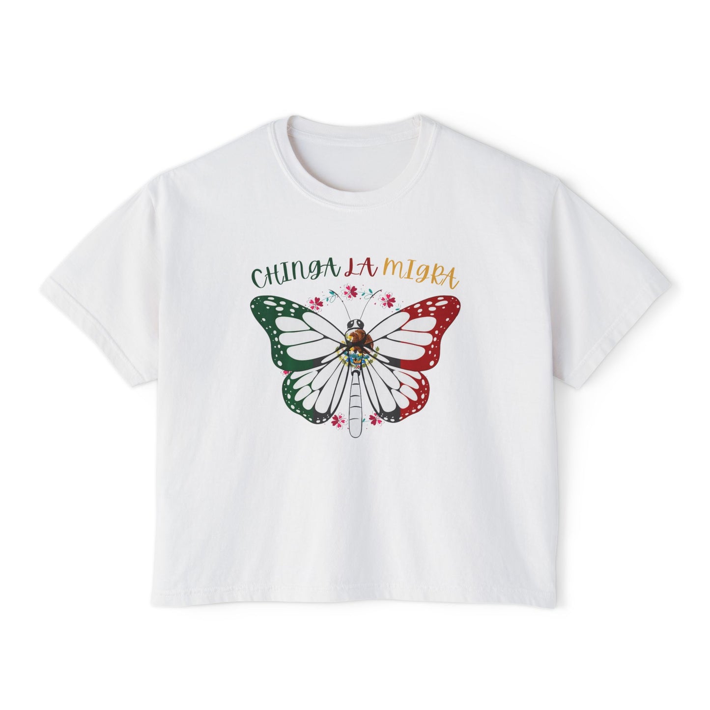 Butterfly 'Chinga La Migra' Boxy Tee — Mexican Flag Monarch Shirt