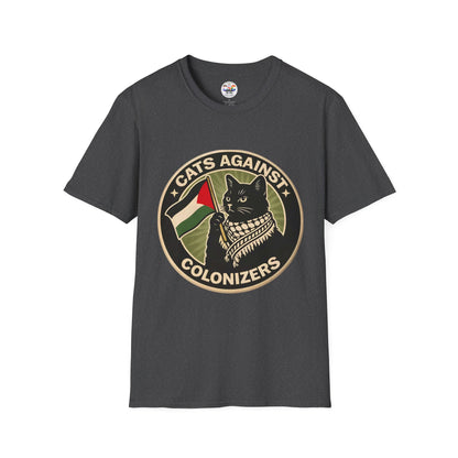 Cats Against Colonizers T‑Shirt — Black Cat with Keffiyeh & Palestine Flag