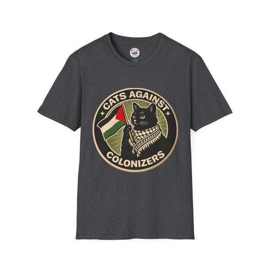Cats Against Colonizers T‑Shirt — Black Cat with Keffiyeh & Palestine Flag