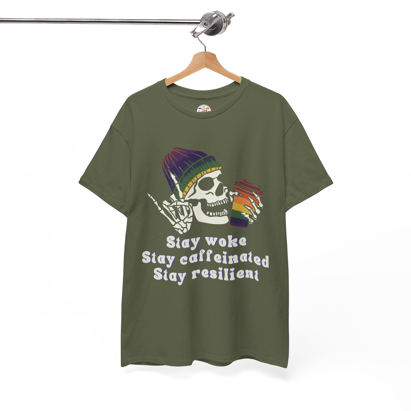 Skull Coffee Tee — "Stay woke, Stay caffeinated, Stay resilient" Graphic T-Shirt