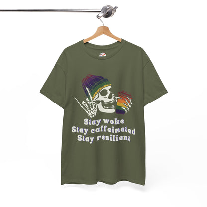 Skull Coffee Tee — "Stay woke, Stay caffeinated, Stay resilient" Graphic T-Shirt