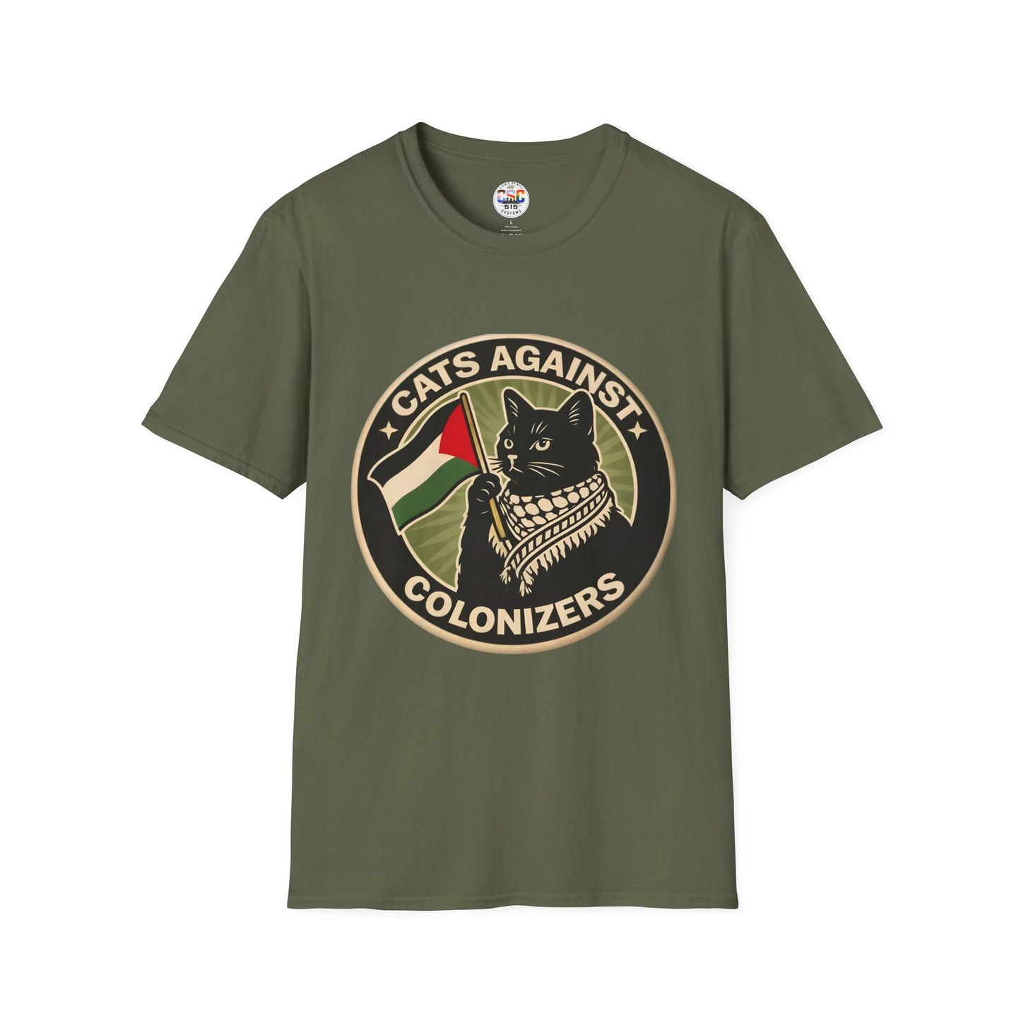 Cats Against Colonizers T‑Shirt — Black Cat with Keffiyeh & Palestine Flag