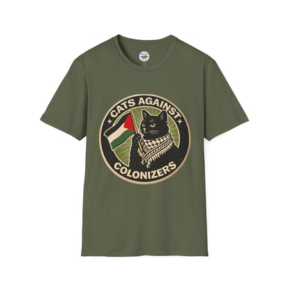 Cats Against Colonizers T‑Shirt — Black Cat with Keffiyeh & Palestine Flag