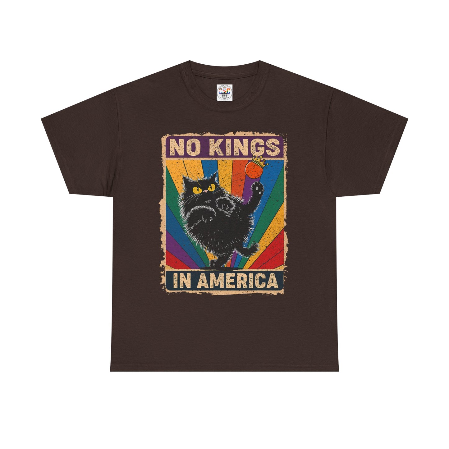 No Kings In America Cat Tee – Retro Rainbow Political Humor T-Shirt