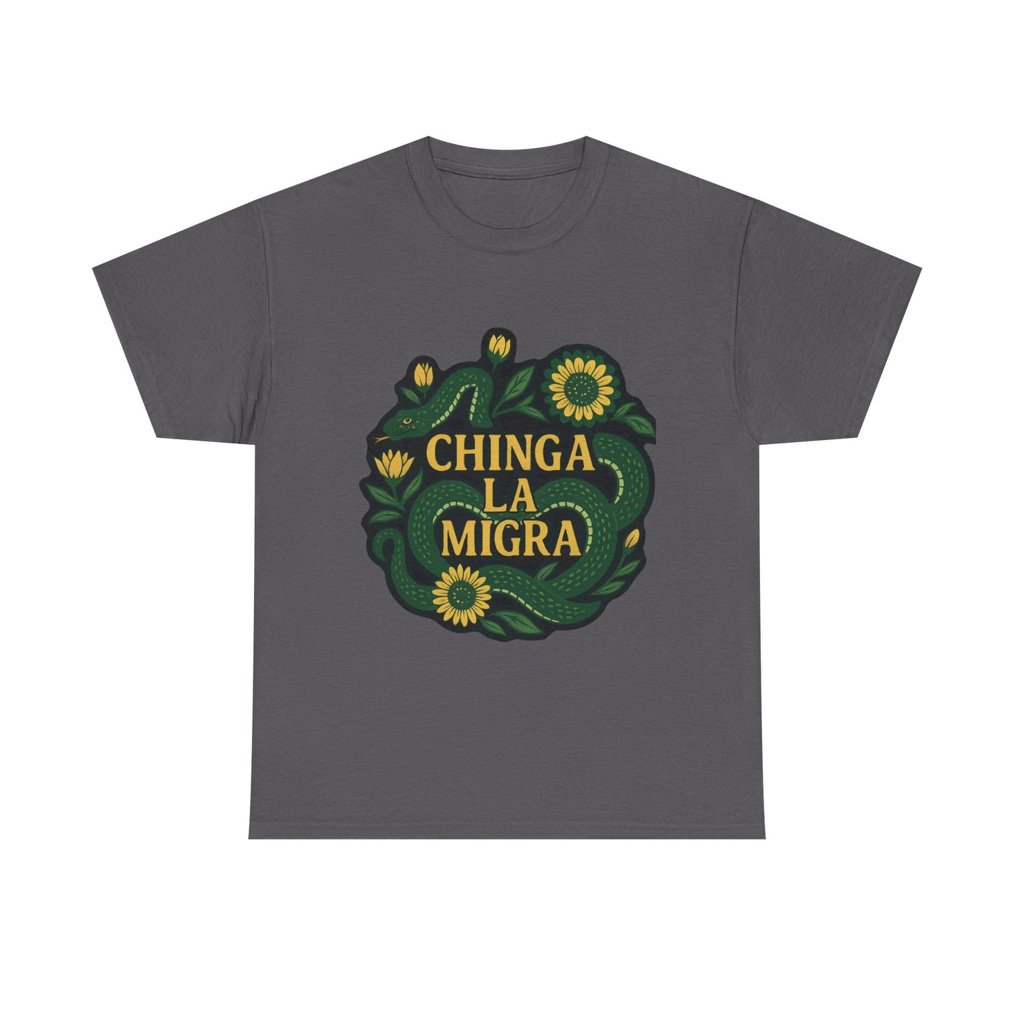 T‑Shirt — "Chinga la Migra" Green Snake Floral Protest Tee