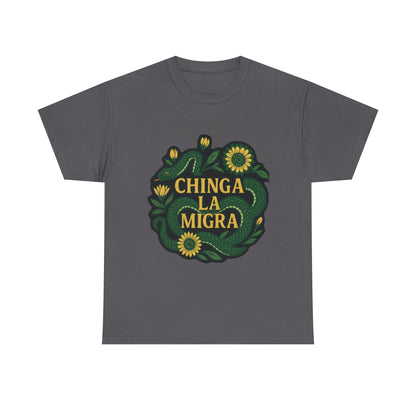 T‑Shirt — "Chinga la Migra" Green Snake Floral Protest Tee