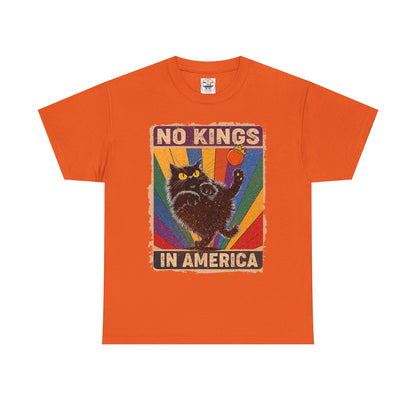 No Kings In America Cat Tee – Retro Rainbow Political Humor T-Shirt