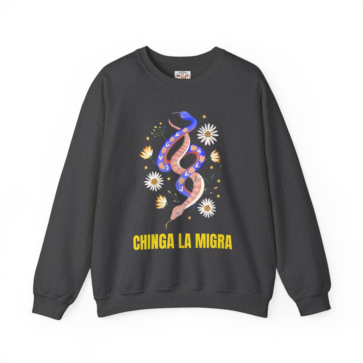 Crewneck Sweatshirt — 'Chinga La Migra' Floral Snake Protest Graphic