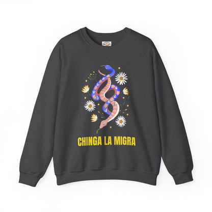 Crewneck Sweatshirt — 'Chinga La Migra' Floral Snake Protest Graphic