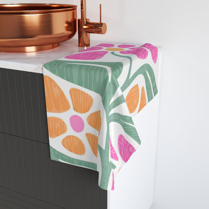 Floral Retro Hand Towel — Pink & Orange Bloom Kitchen Towel