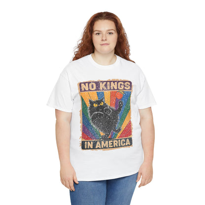 No Kings In America Cat Tee – Retro Rainbow Political Humor T-Shirt