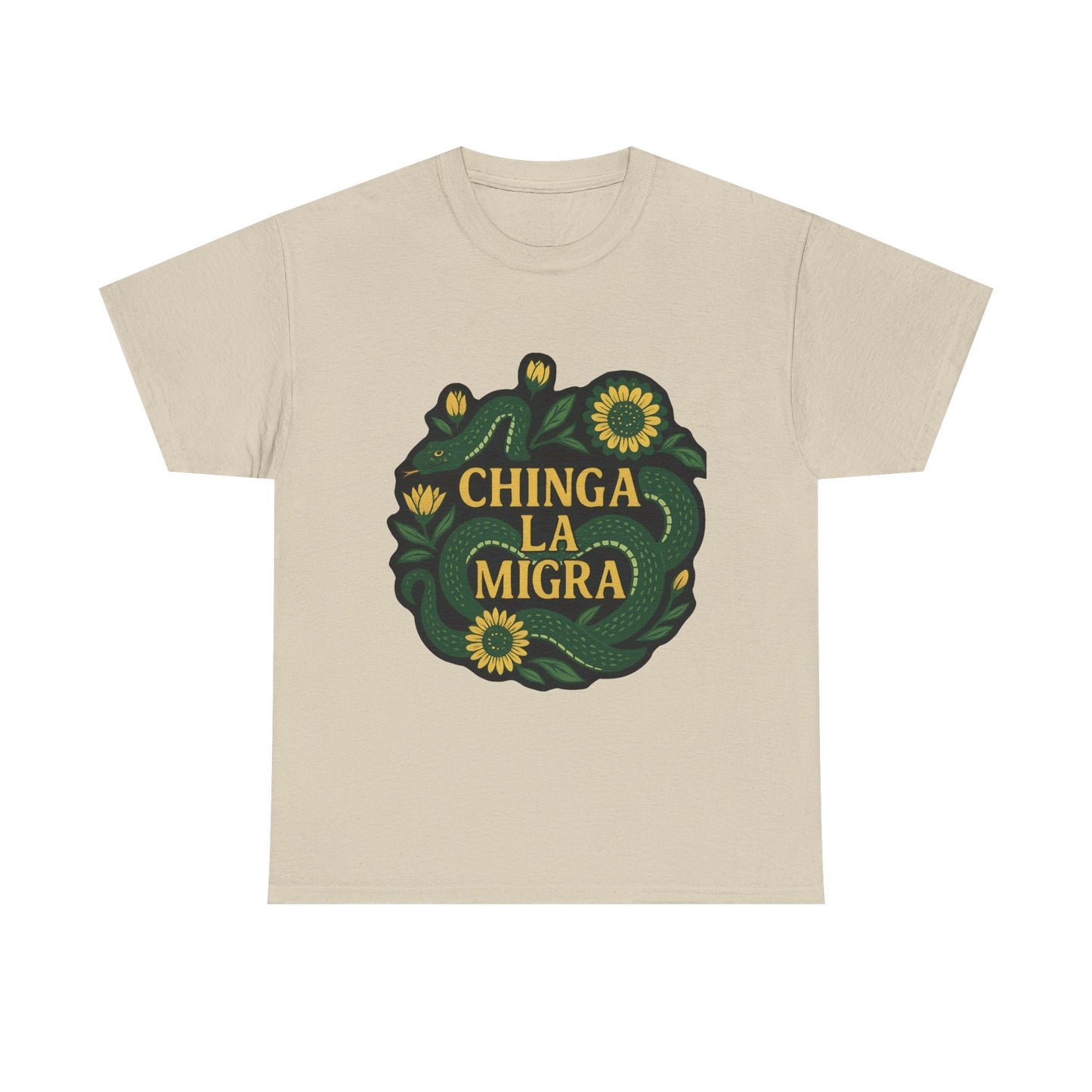 T‑Shirt — "Chinga la Migra" Green Snake Floral Protest Tee