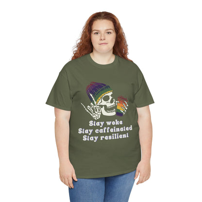 Skull Coffee Tee — "Stay woke, Stay caffeinated, Stay resilient" Graphic T-Shirt