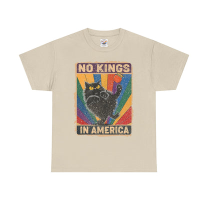 No Kings In America Cat Tee – Retro Rainbow Political Humor T-Shirt