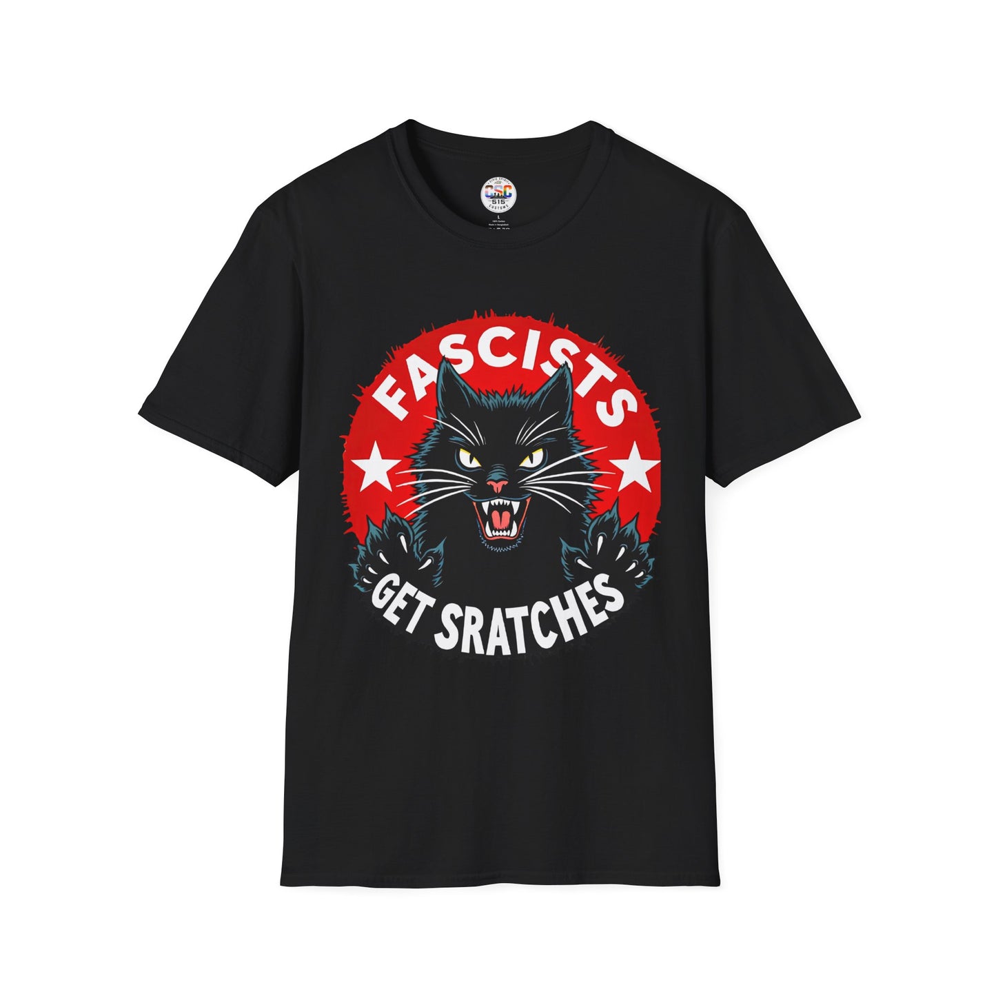 T-Shirt — "Fascists Get Scratches" Angry Black Cat Protest Tee