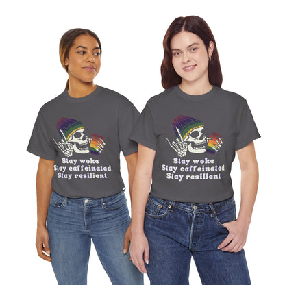 Skull Coffee Tee — "Stay woke, Stay caffeinated, Stay resilient" Graphic T-Shirt