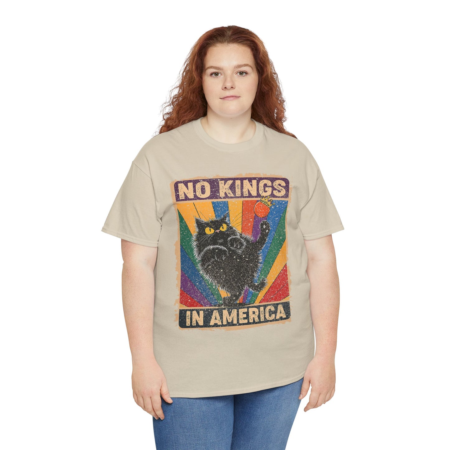 No Kings In America Cat Tee – Retro Rainbow Political Humor T-Shirt