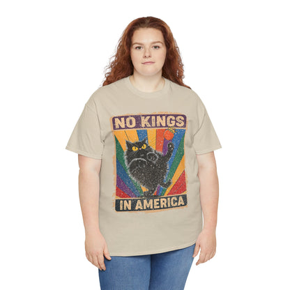 No Kings In America Cat Tee – Retro Rainbow Political Humor T-Shirt