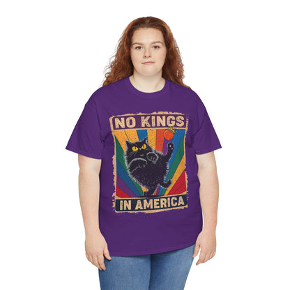 No Kings In America Cat Tee – Retro Rainbow Political Humor T-Shirt