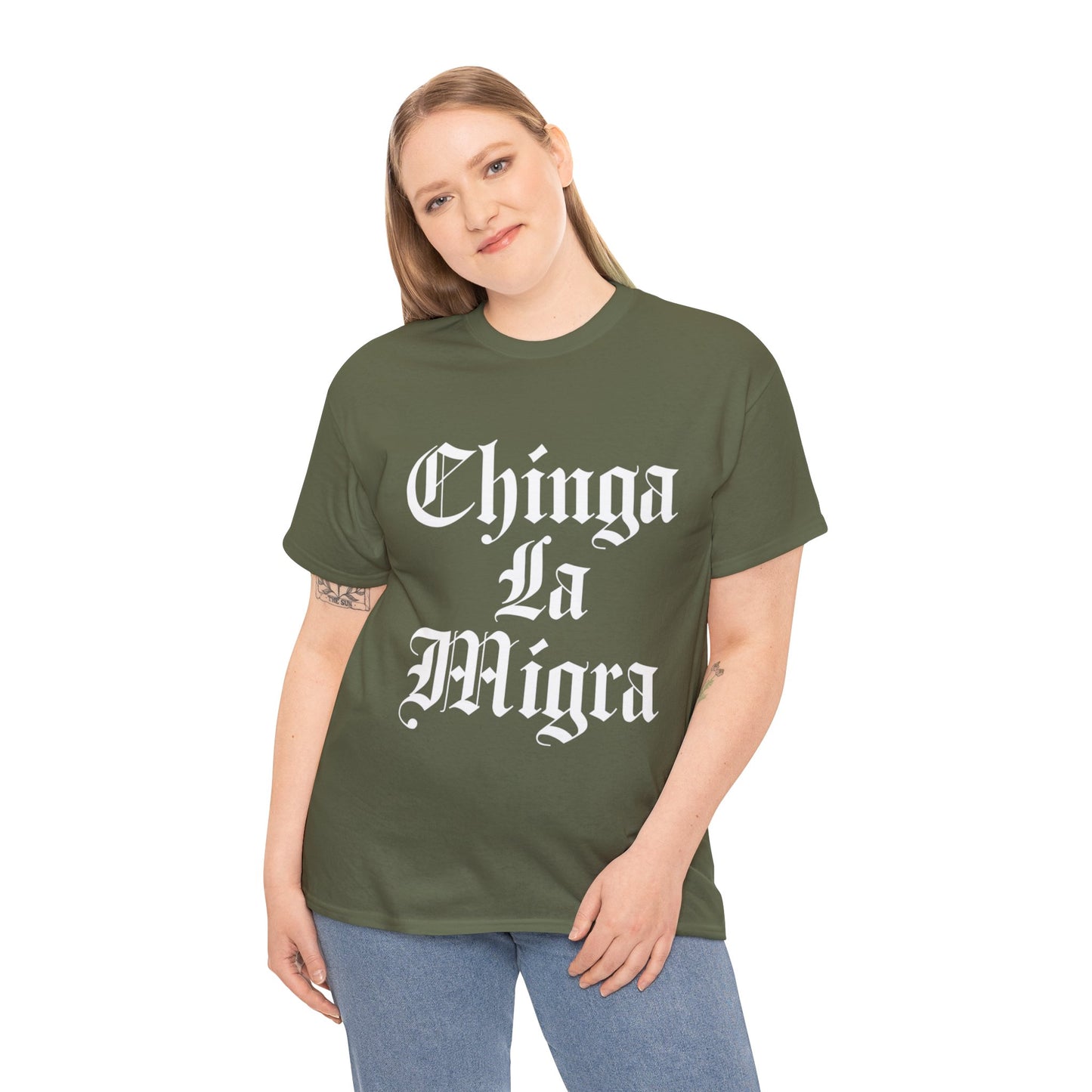 Graphic Tee — "Chinga La Migra" Bold Gothic Statement Shirt