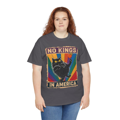 No Kings In America Cat Tee – Retro Rainbow Political Humor T-Shirt