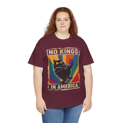 No Kings In America Cat Tee – Retro Rainbow Political Humor T-Shirt
