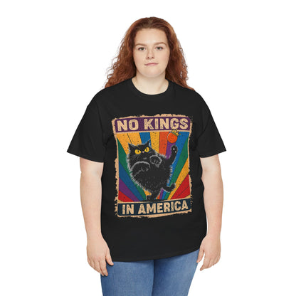 No Kings In America Cat Tee – Retro Rainbow Political Humor T-Shirt