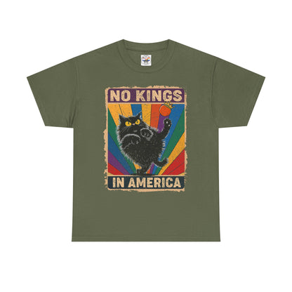 No Kings In America Cat Tee – Retro Rainbow Political Humor T-Shirt